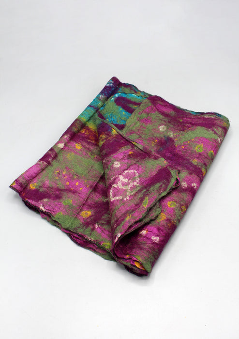 Purple Green Handmade Recycled Silk and Felt Women's Scarf