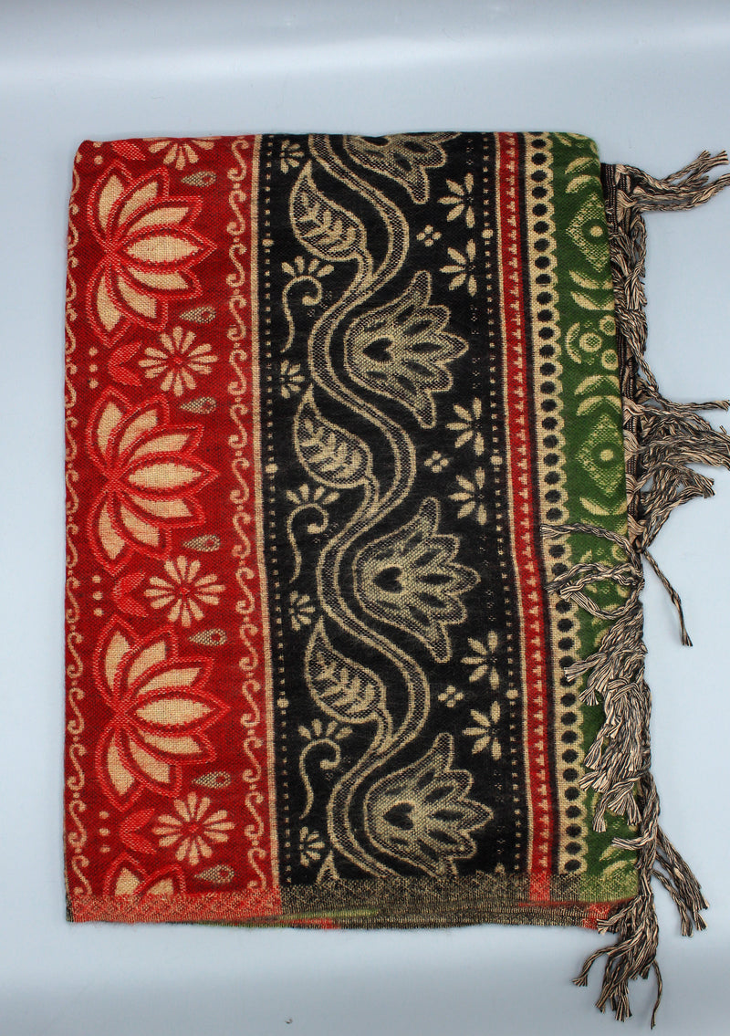 Red Lotus Design Black and Green Multi Color Yak Wool Shawl