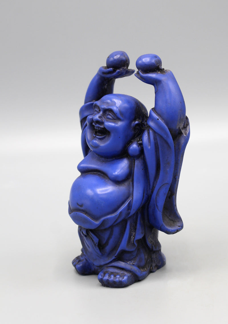 Blue Laughing Buddha Raising Both Hand Resin Statue - nepacrafts