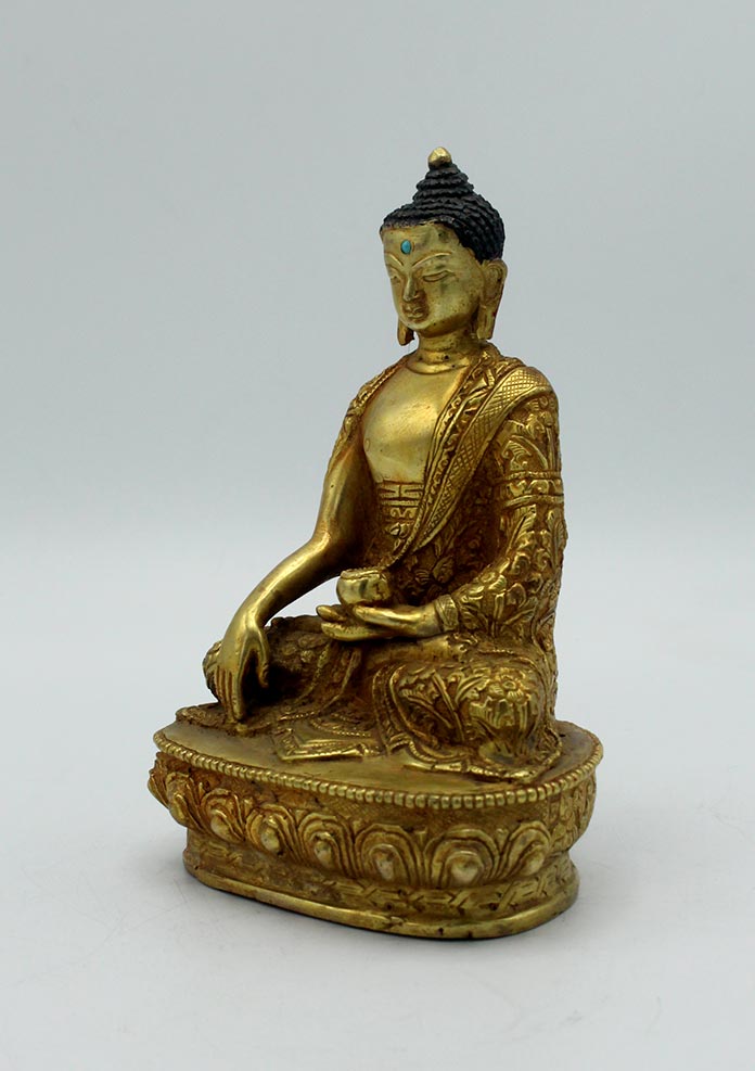 Gold Plated Shakyamuni Buddha Statue with Floral Motif Carving 6 Inch