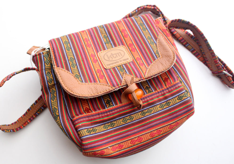 Bhutanese Fabric Multicolor Side Carry Cotton Bag With Leather Edging - nepacrafts