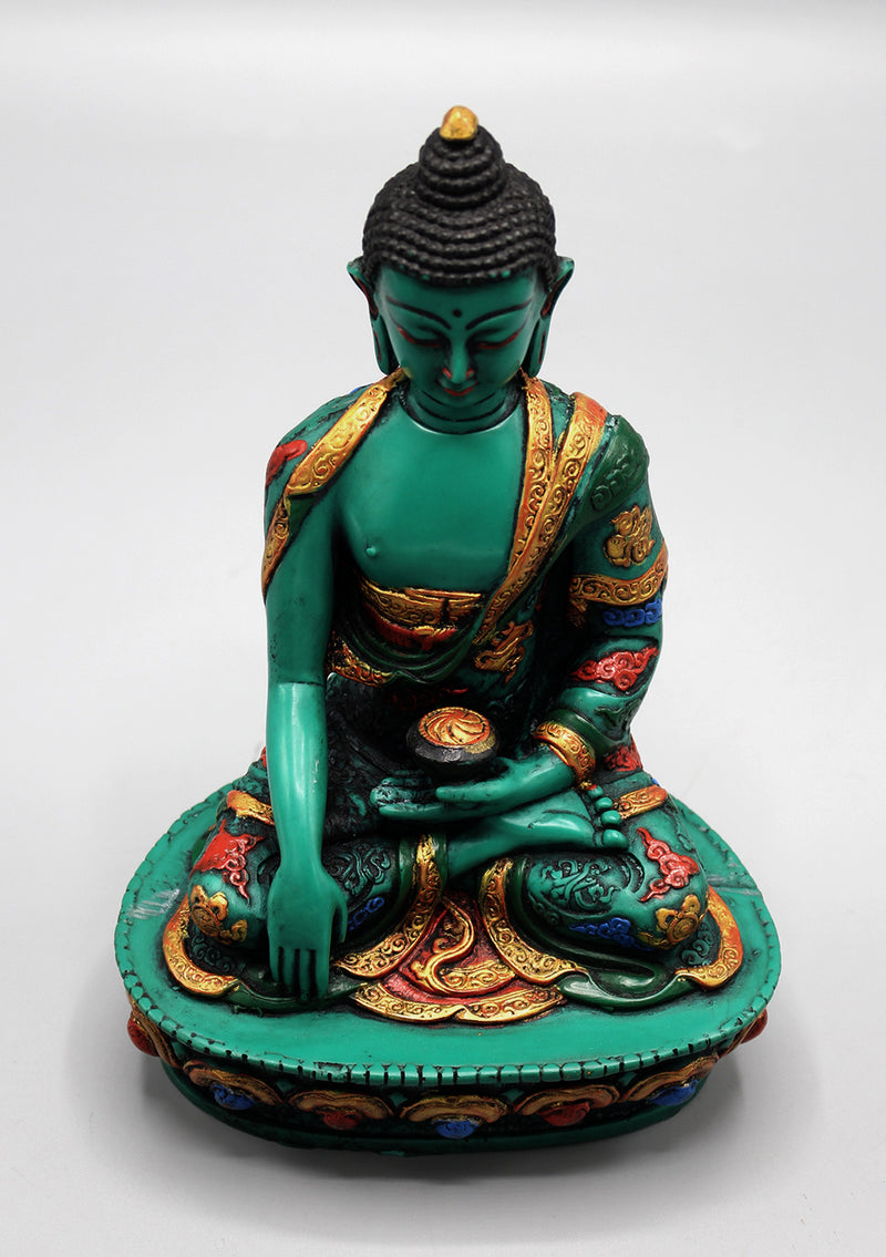 Embossed Painting Green Resin Shakyamuni Buddha Statue