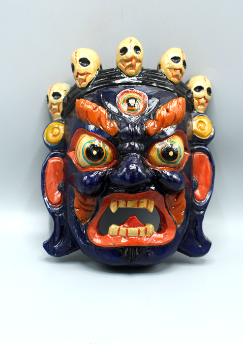 Handcarved and Painted Wooden Bhairav Wall Hanging Mask - Blue