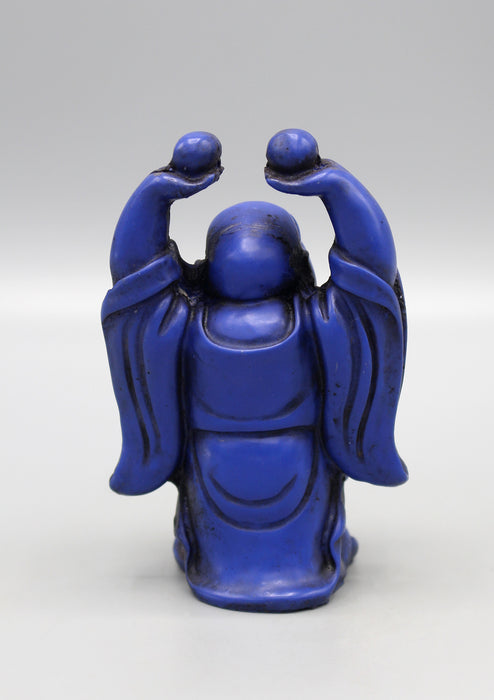 Blue Laughing Buddha Raising Both Hand Resin Statue - nepacrafts
