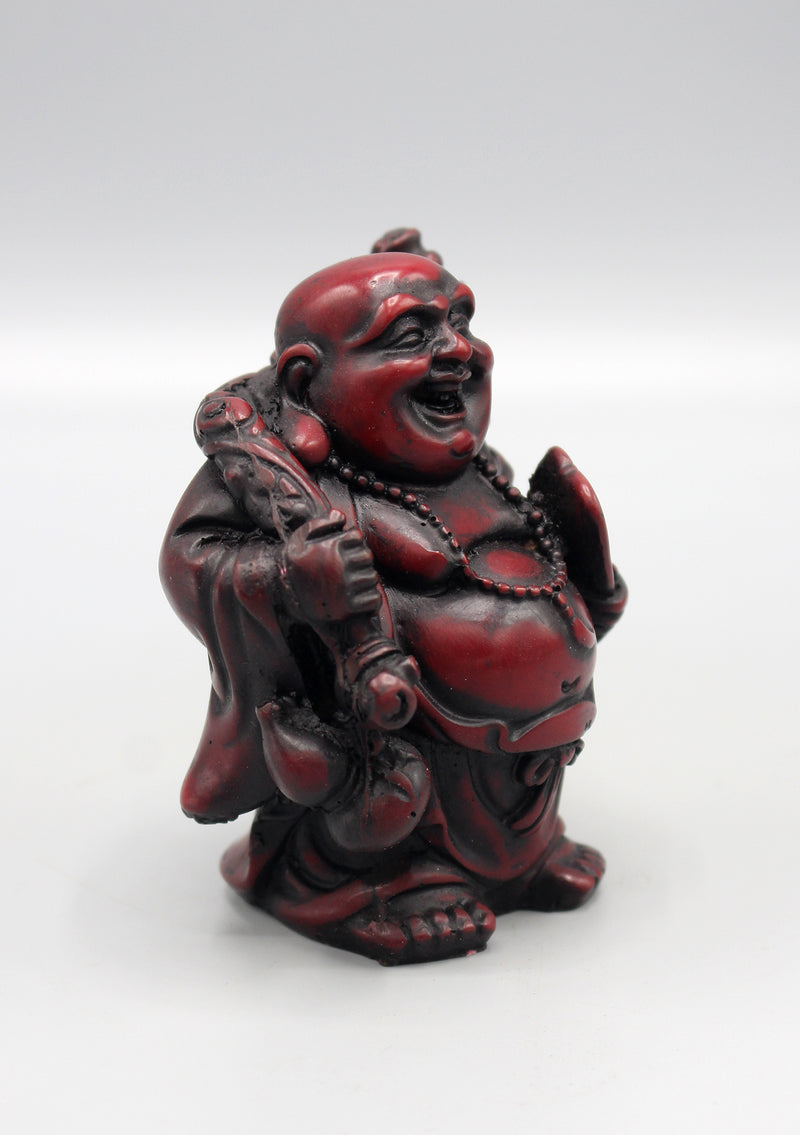 Laughing Buddha with Fan Maroon Resin Statue - nepacrafts