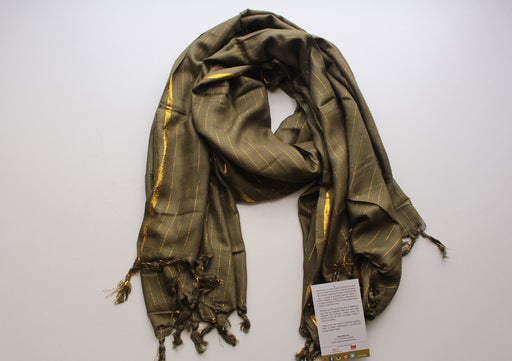 Olive Green Plain Jari Cotton Scarf with Golden Lining - nepacrafts