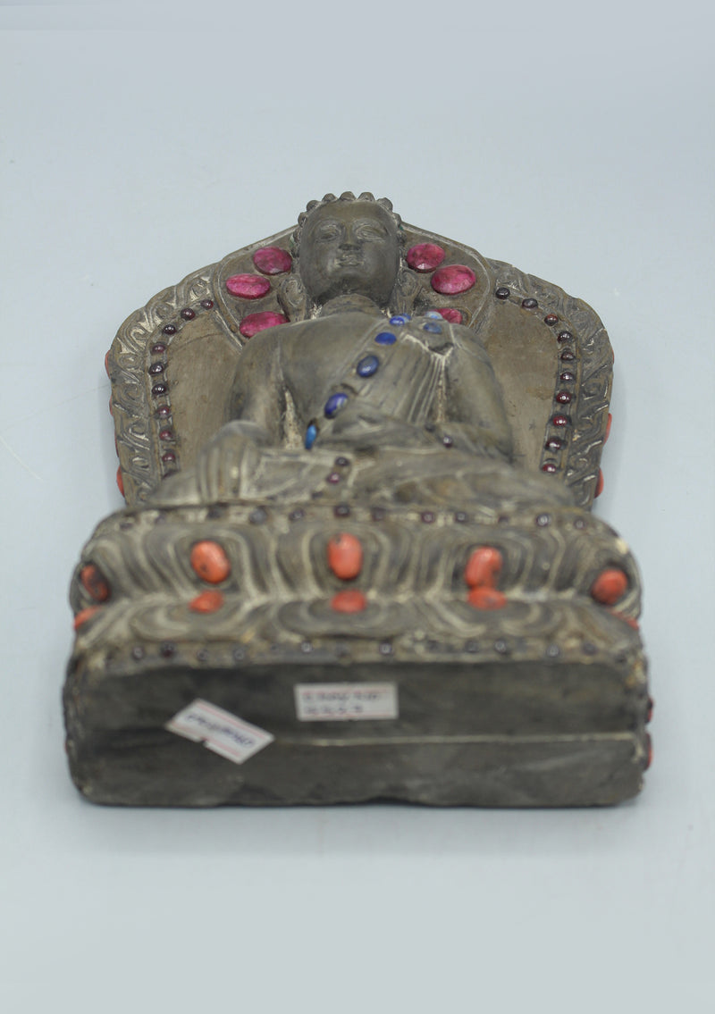 Stone Shakyamuni Buddha Statue with inlaid Ruby and Emerald