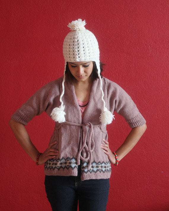 Himalayan Crocheted Ear Flap White Sherpa Cap WOC01 - nepacrafts