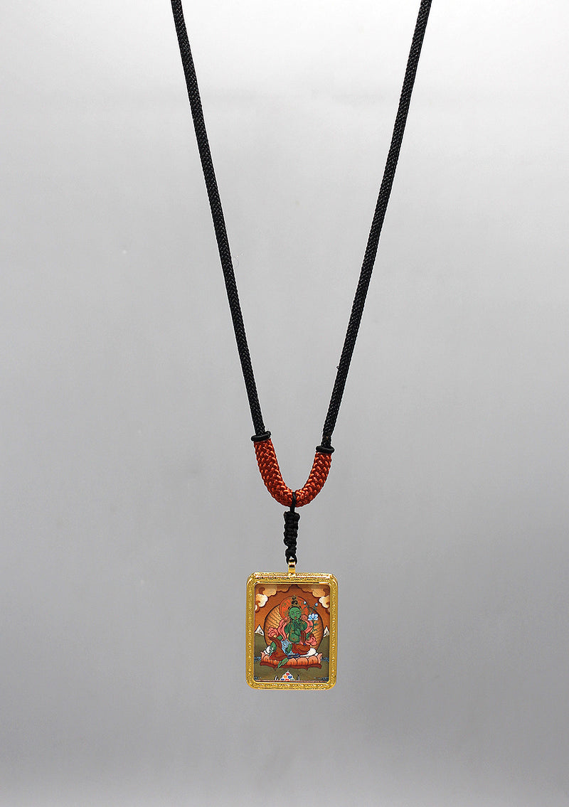 Tibetan Deities Green Tara Hand Painted Mini Thangka Amulet Pendant