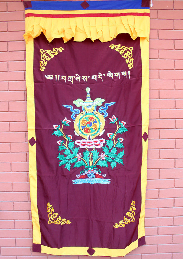 Heavy Embroidered Lotus and Eight Auspicious Symbol Silk Door Curtain - nepacrafts