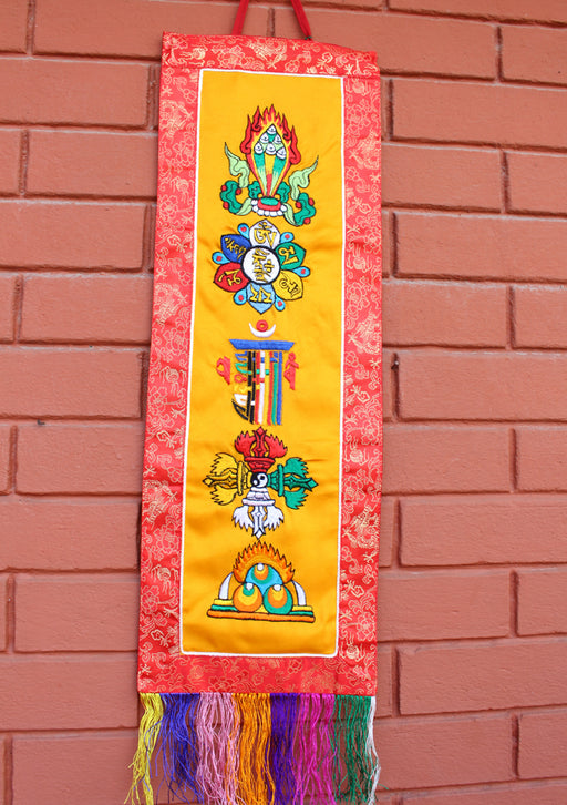 Tibetan Five Symbol Embroidered Polyester Wall Hanging Banner - nepacrafts