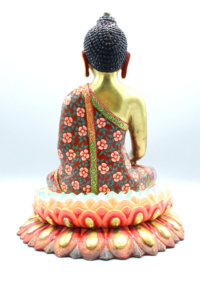 Artistically Painted Gold Plated Shakyamuni Buddha Statue with Floral Design