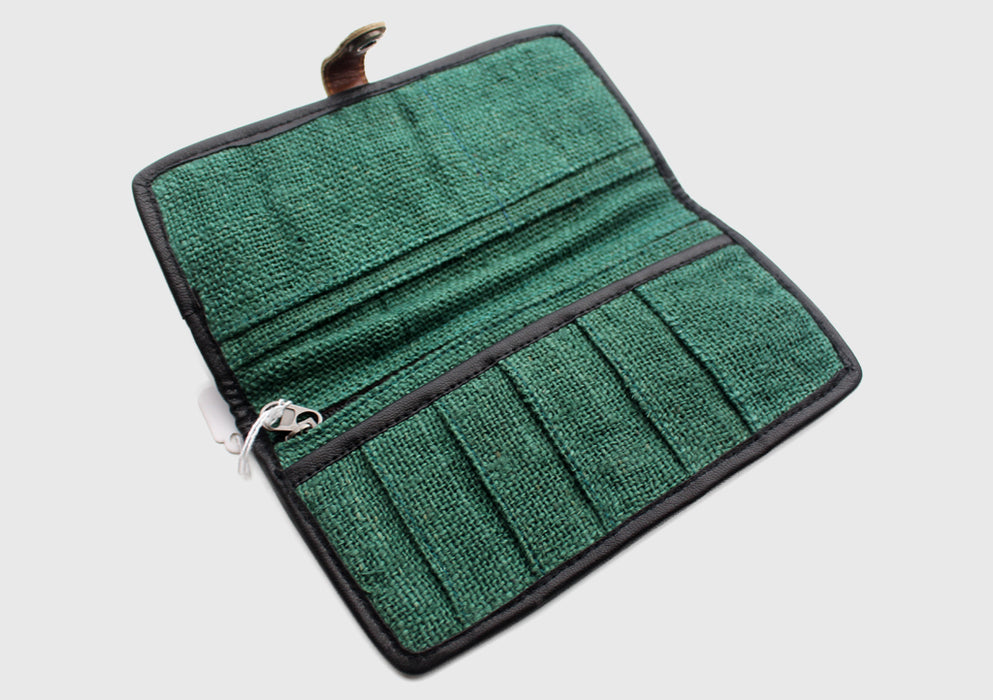 Green Hemp Clutch Purse with Leather Edging, Women Hand Purse - nepacrafts
