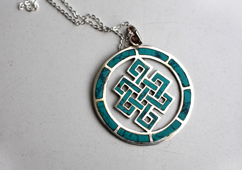 Turquoise Inlaid Endless Knot Sterling Silver Pendant - nepacrafts