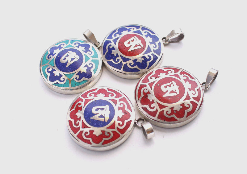 Tibetan Om Mandala White Metal Pendant - nepacrafts