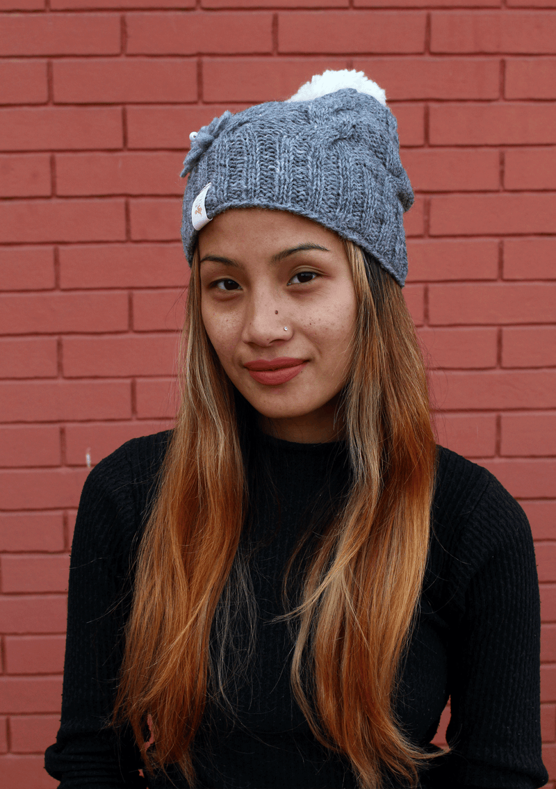 Nepalese Pure Wool Grey Sherpa Pom Pom Cap with Inner Fleece