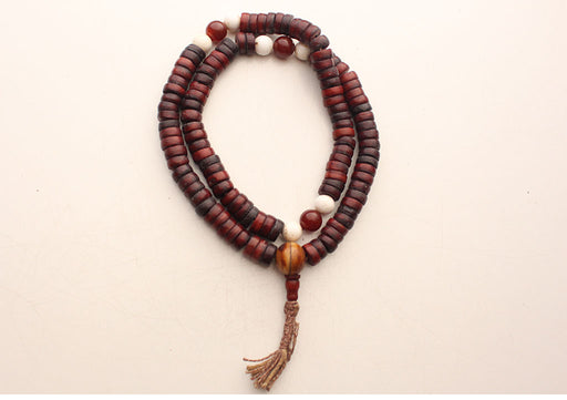 Disk Shaped Yak Bone Japa Mala with White Conch and Carmelian Beads Counter - nepacrafts