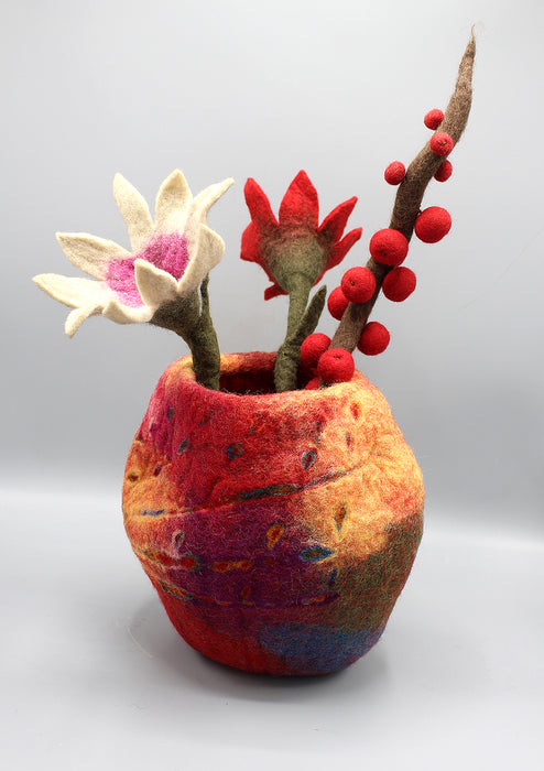 Beautiful Bright Pink, Red Mixed color Felt Flower Vase