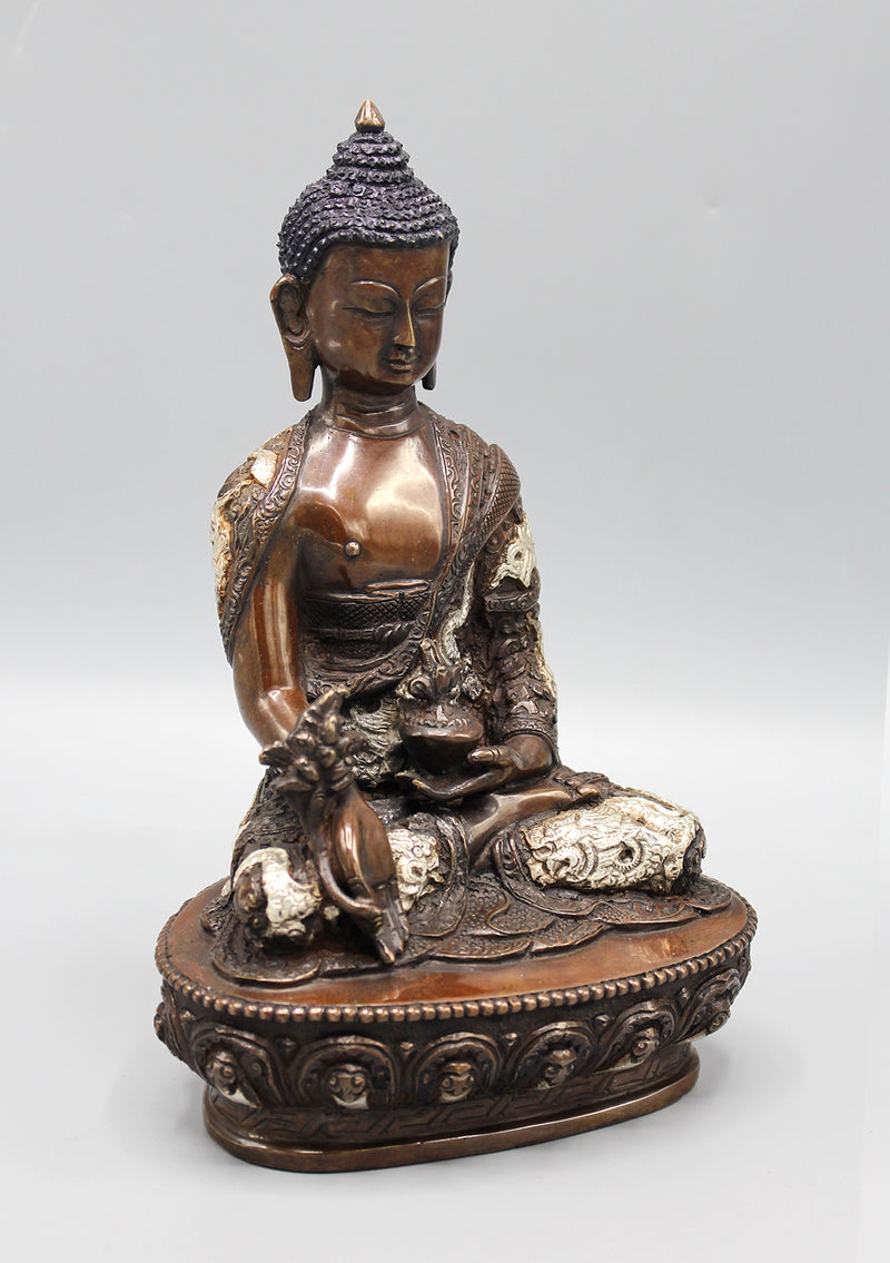 Copper Oxidized Medicine Buddha Silver Robe Carving Statue