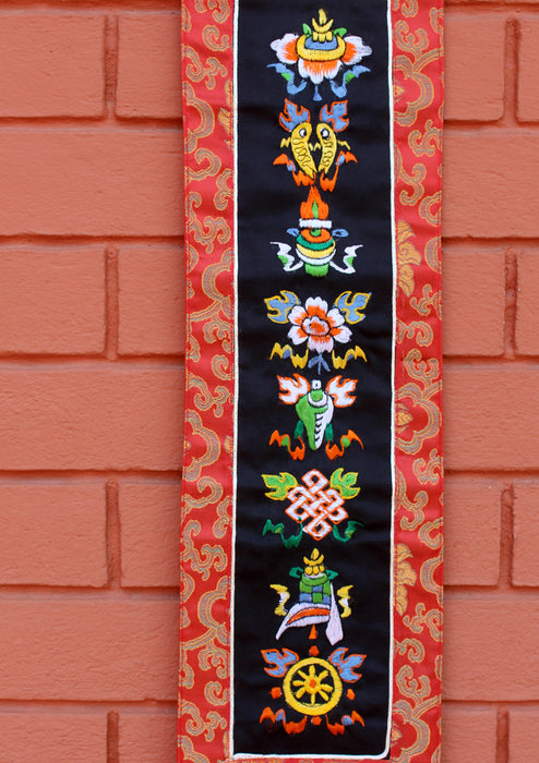 Tibetan Eight Auspicious Symbol Embroidered Polyester Brocade Wall Hanging Banner BH33 - nepacrafts