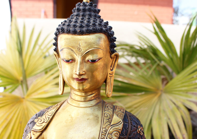 12" High Gold Plated Shakyamuni Buddha Statue on the Wooden Throne - nepacrafts