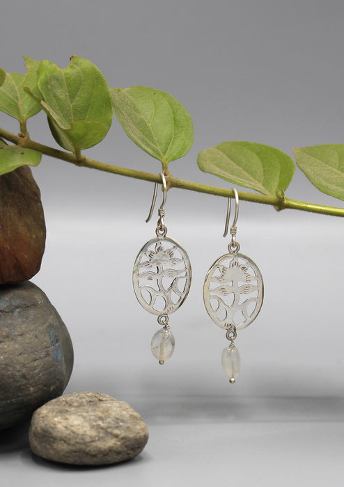 Silver Sterling Lotus Flower Inlaid Drop Earrings