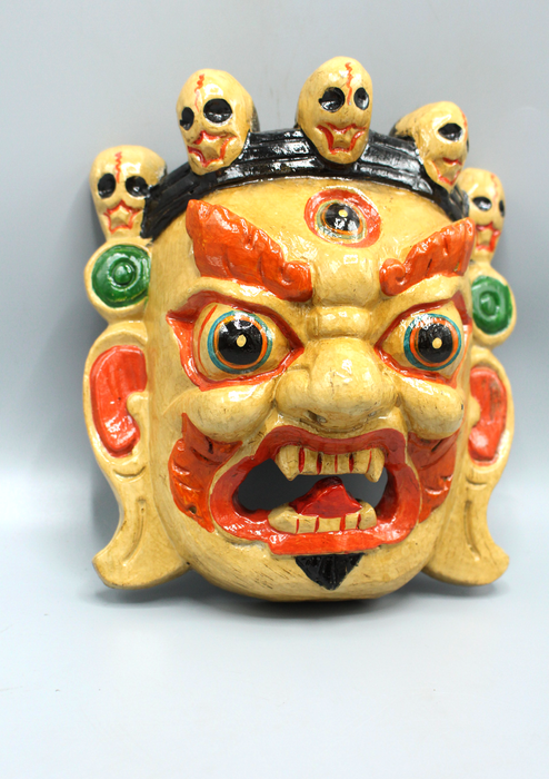 Handcarved and Painted Wooden Bhairav Wall Hanging Mask - Cream