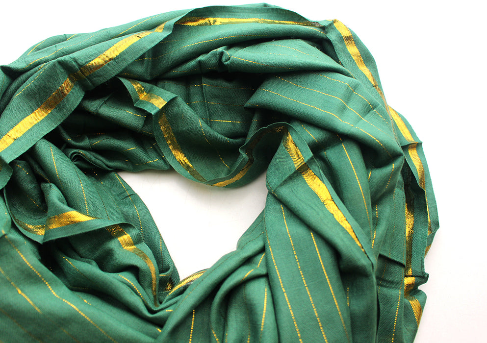 Bright Green Plain Jari Cotton Scarf with Golden Lining - nepacrafts