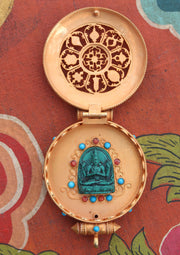 Turquoise and Coral Inlaid Goldplated Silver Sterling Astamangal Gau Pendant - nepacrafts