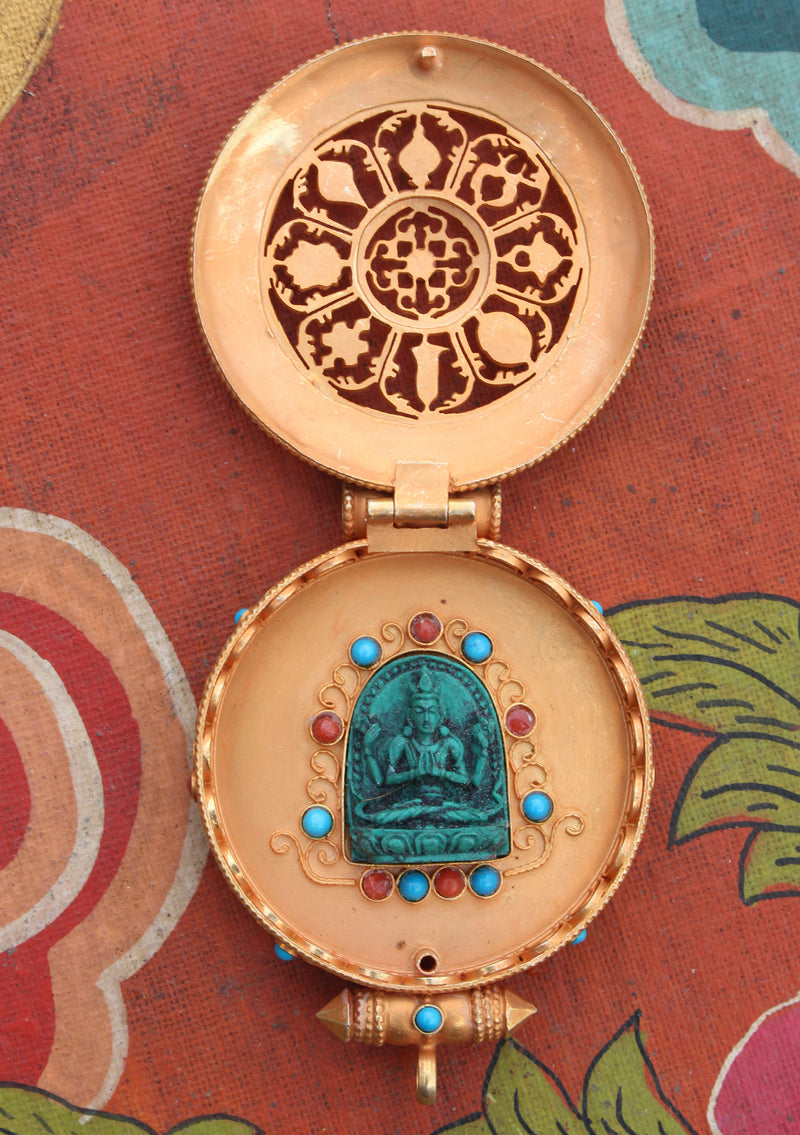Turquoise and Coral Inlaid Goldplated Silver Sterling Astamangal Gau Pendant - nepacrafts