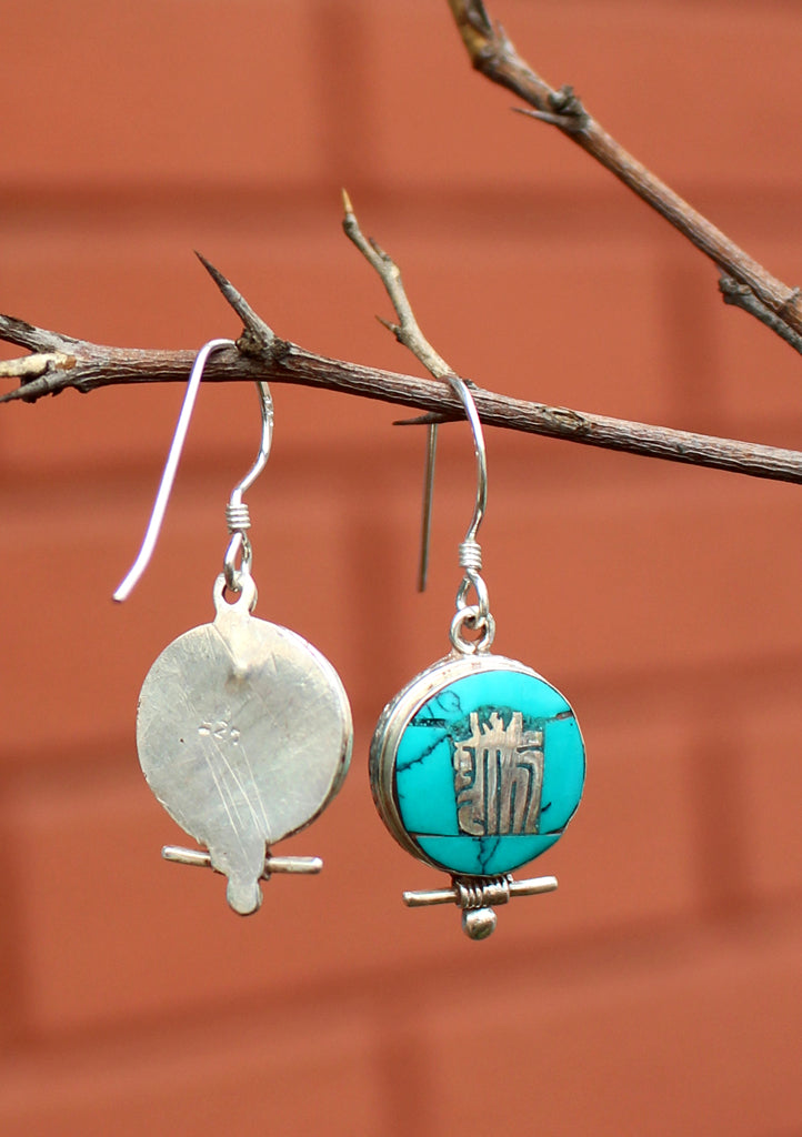 Tibetan Kalachakra Turquoise Inlaid Silver Earrings - nepacrafts