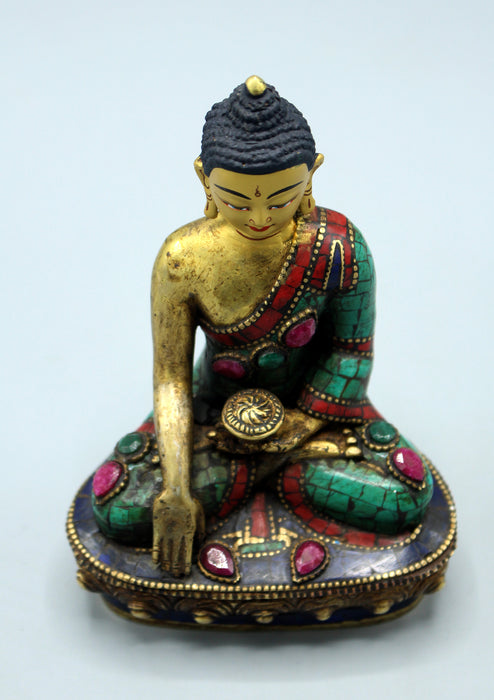 Face Painted Ruby and Emerald Inlaid Shakyamuni Buddha Statue 5.5"