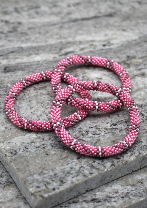 Pink and Diagonal Grey Colors Glass Beads Bracelet