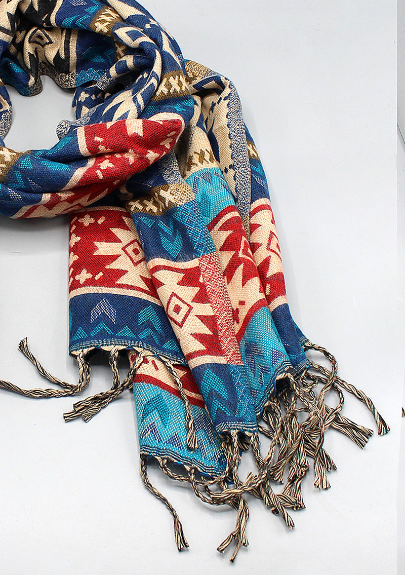 Diamond Pattern Blue Black Mixed Color Hand Loomed Yak Wool Shawl