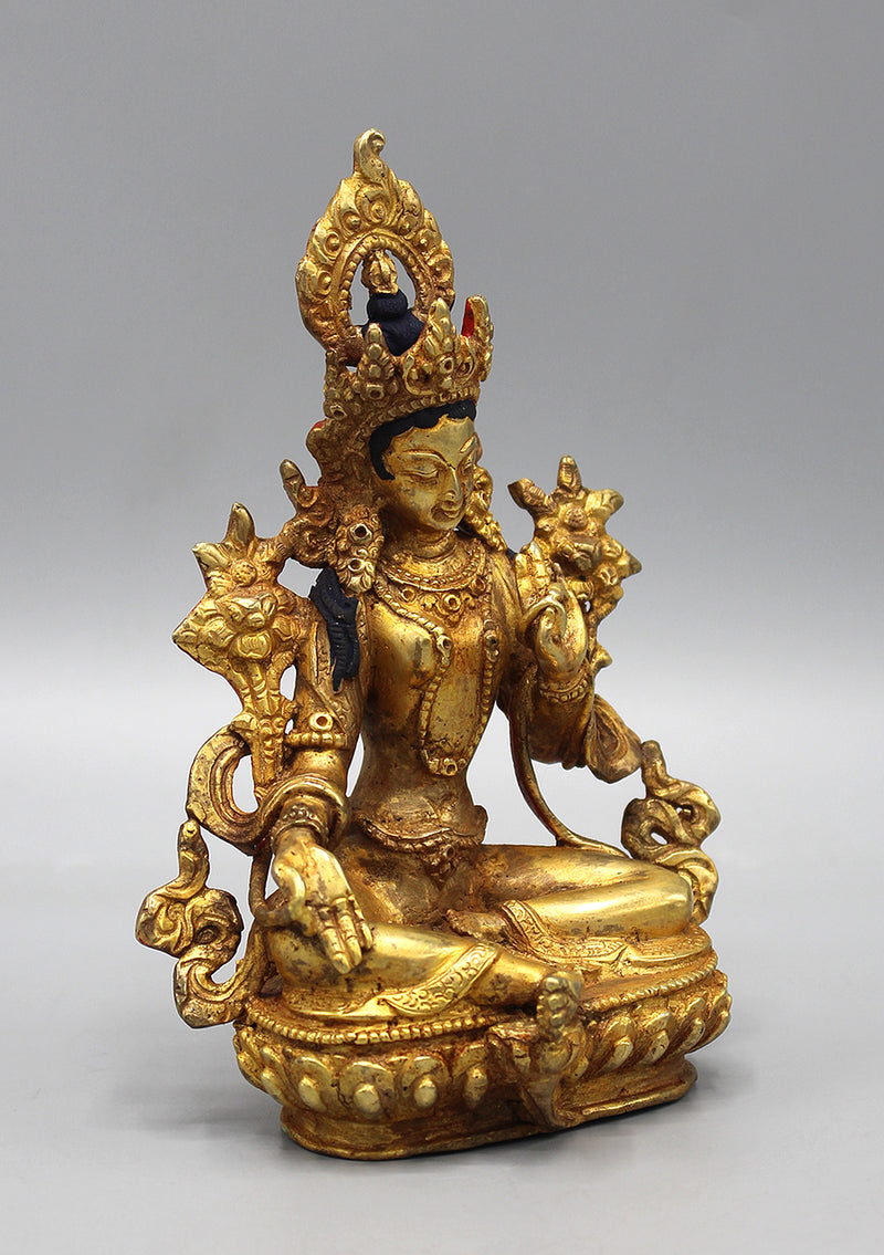 Exquisite Gold Plated Green Tara Statue 6"