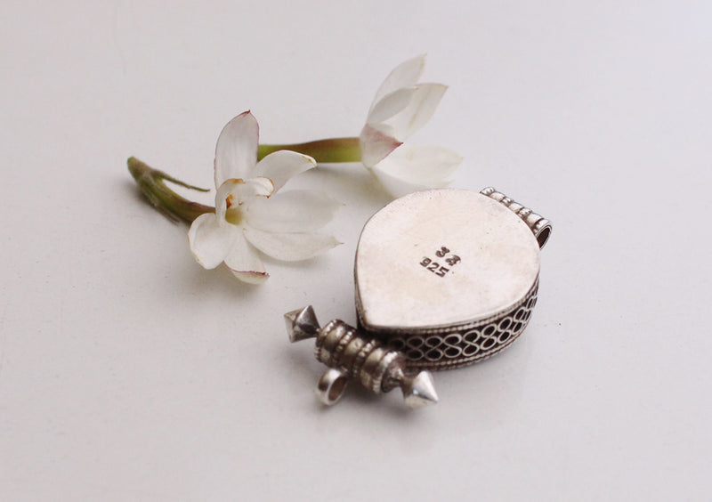 Love Shaped Hand Carved Silver Sterling Filigree Pendant with Adorning Coral - nepacrafts