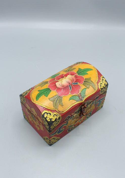 Handcrafted Painted Lotus Flower Tibetan Wooden Treasure Box