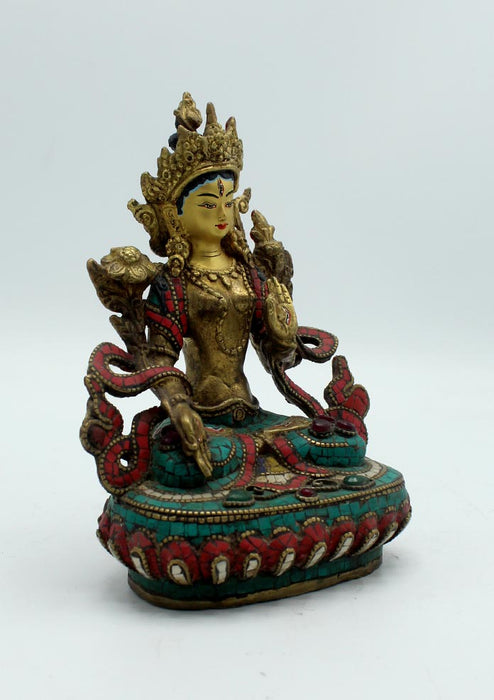 Antique White Tara Statue with Inlaid Turquoise 6 Inches