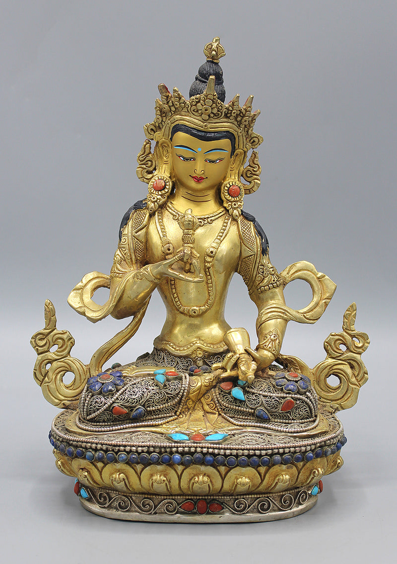 Gold Plated Vajrasattva Statue With Silver Filigree and Turquoise Inlays