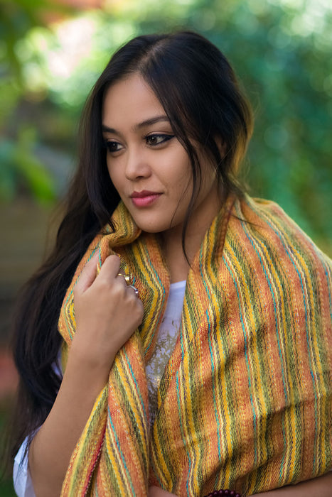 Hand Woven Yellow Striped Yak Wool Shawl Nepal