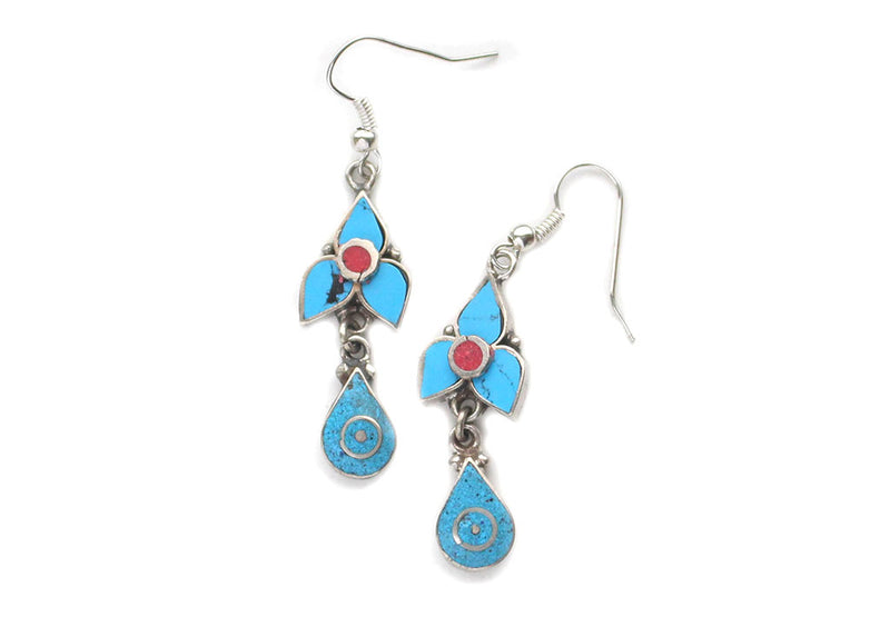 Turquoise and Coral Inlaid Flower Drop White Metal Earrings - nepacrafts