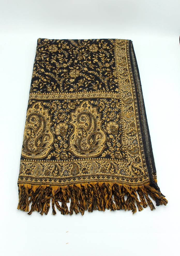 Hand Loomed Black Floral Pattern Print Yak Wool Shawl