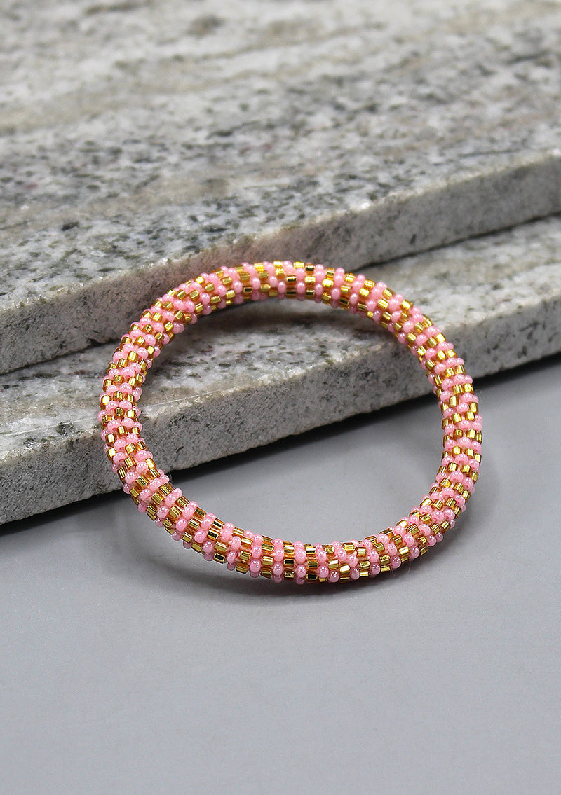 Pink and Golden Colors Swirl Glass Beads Bracelet