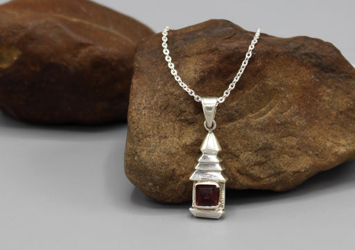 Stupa Chorten Garnet Inlaid Silver Pendant - nepacrafts