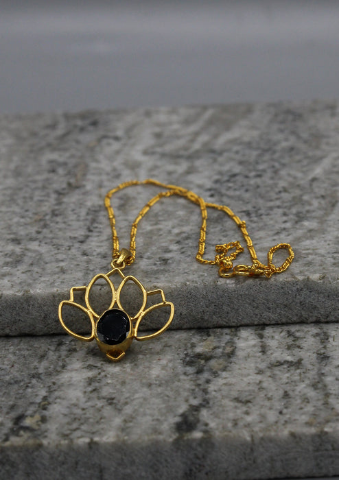 Stunning Onyx inlaid Gold Plated Lotus Pendant