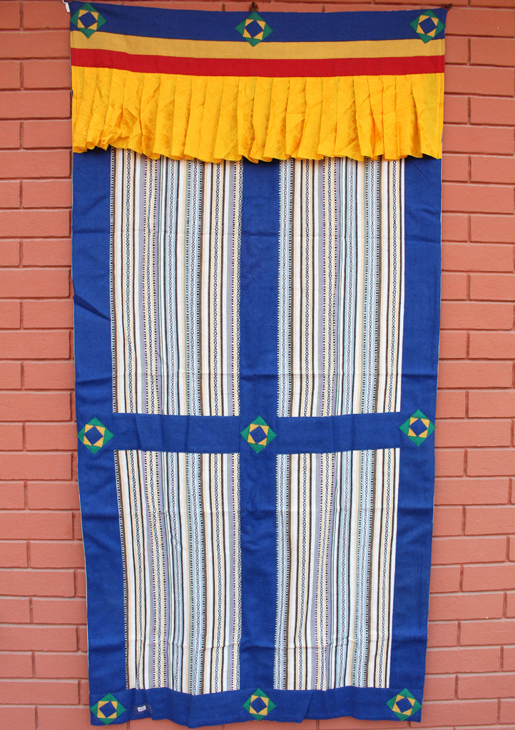 Bhutanese Woven Fabric with Blue Velvet Border Tibetan Door Curtain Cover - nepacrafts