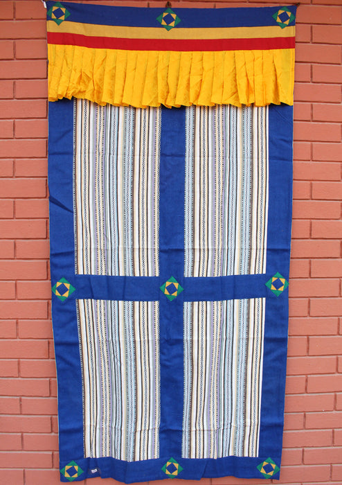 Bhutanese Woven Fabric with Blue Velvet Border Tibetan Door Curtain Cover - nepacrafts