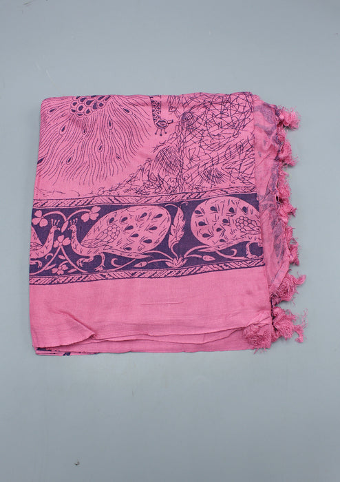 Pure Cotton Peacock Print Dark Pink Shawl with Furka