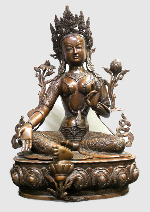 Skillfully Handcarved Copper Green Tara Statue 26" High - nepacrafts