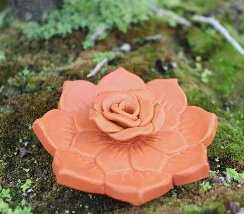 Rose on a Lotus Clay Incense Burner-Stunning Pottery Art - nepacrafts